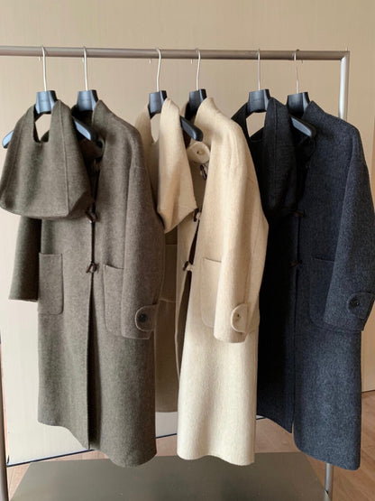 // 90%wool氣質立領長款手工羊毛外套(連袋仔)