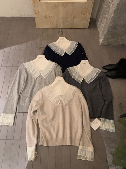// 拼接花邊lace領+袖混羊毛NT
