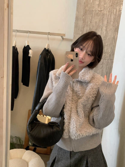 // 設計感毛毛翻領拼接織紋拉鍊外套