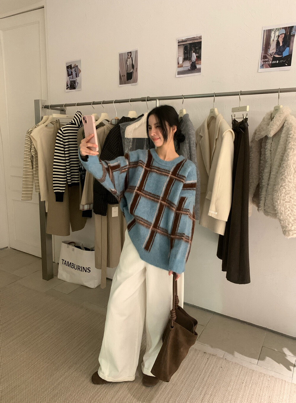 // 慵懶拉絨撞色格紋毛衣