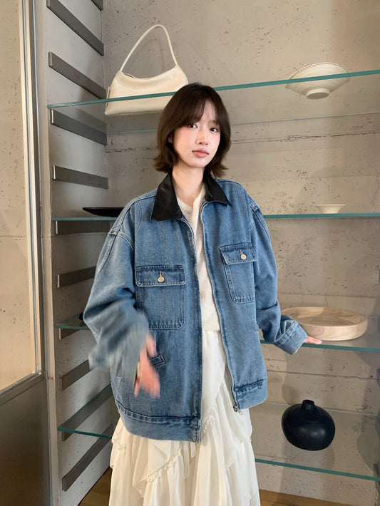 🫐 復古感拼皮領寬鬆牛仔外套