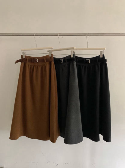 // 7%wool壓褶A字超遮肉半截裙(連腰帶)