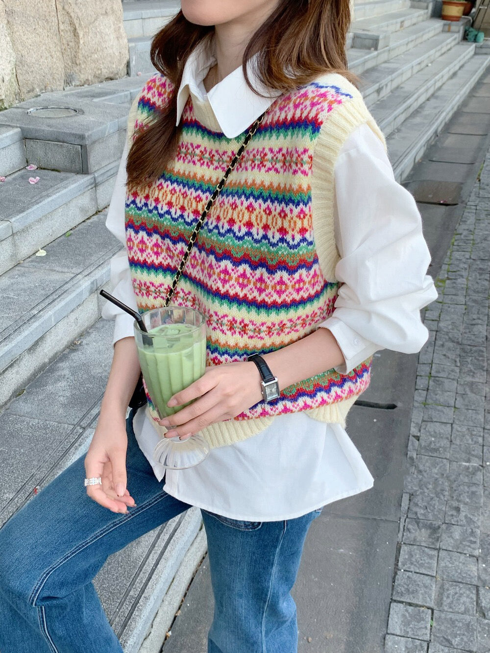 // 彩色復古patterns針織背心