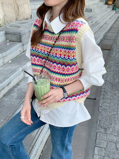 // 彩色復古patterns針織背心