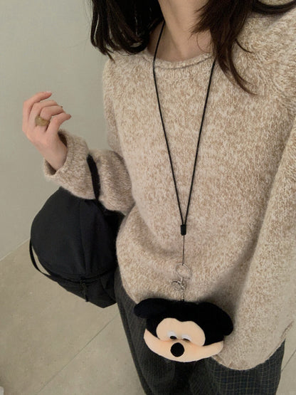 // 5%兔毛混針花線圓領卷邊毛衣