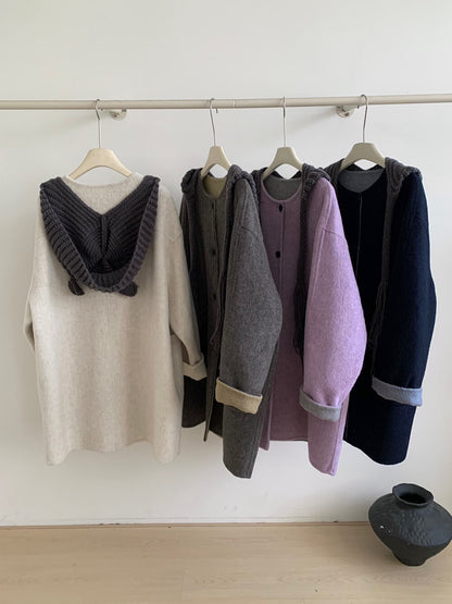 // 100%羊毛可拆針織帽內撞色手工外套