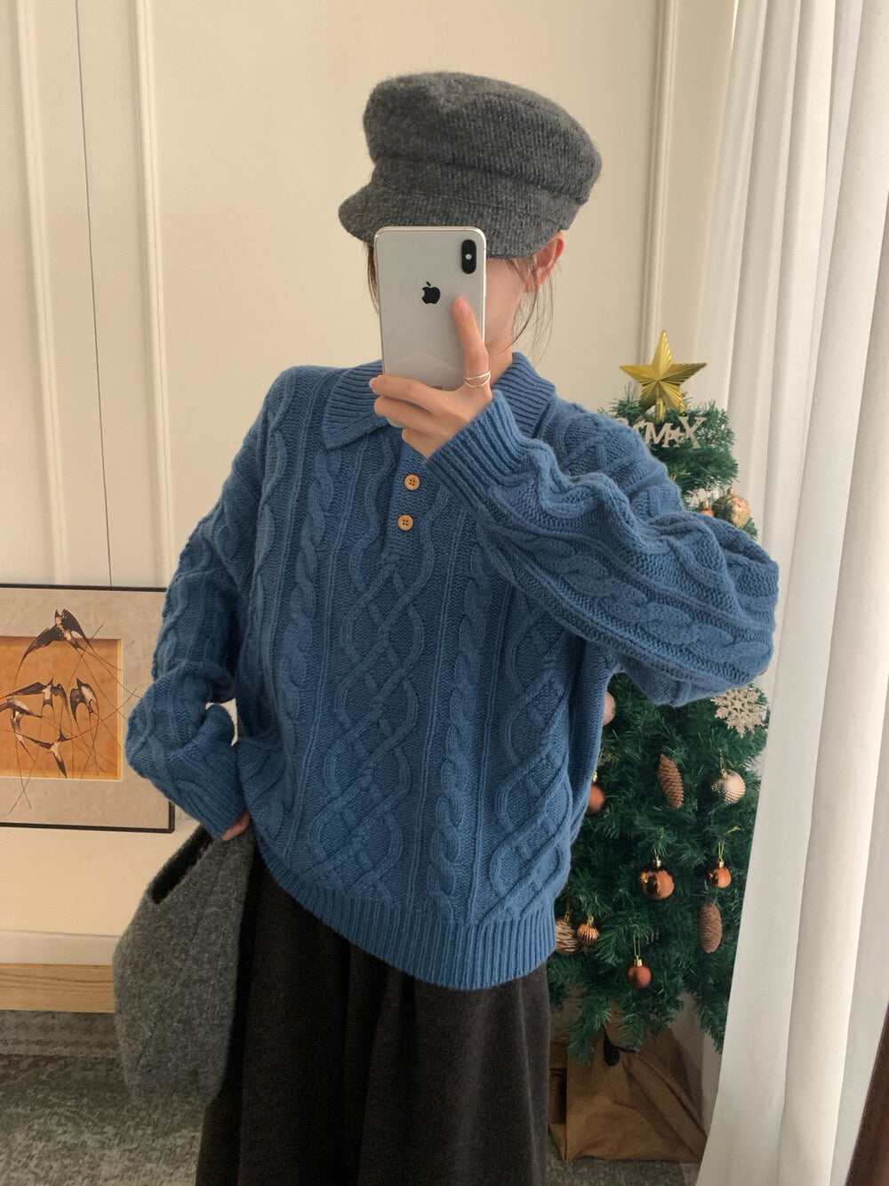// 100%羊毛鈕扣翻領麻花毛衣