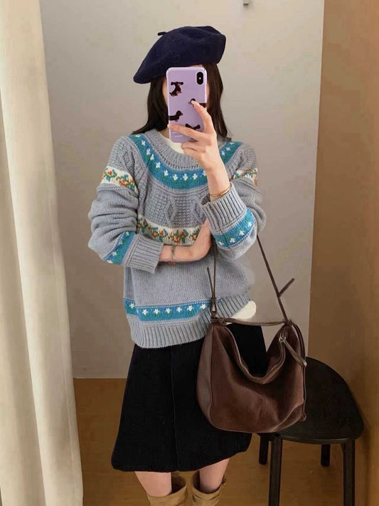 // 30%綿羊毛超美撞色花紋毛衣