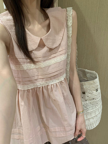 B73 / 娃娃領壓褶lace邊背心BL