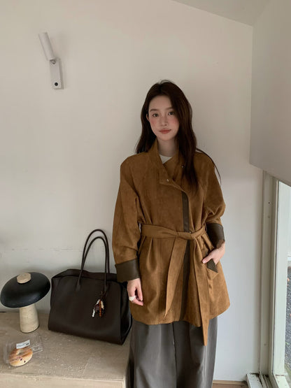// 帥氣麂皮絨可立領拼皮外套