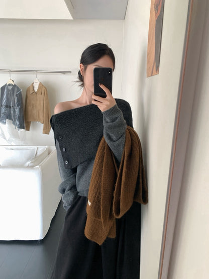 // 設計感側鈕扣雙層領一字領NT