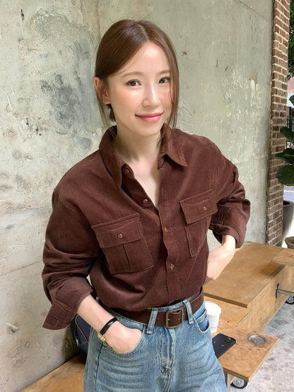 // 霧面感燈芯絨雙口袋SH