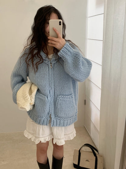 // 30%wool粗棒針手工織感圓翻領口袋拉鍊CD