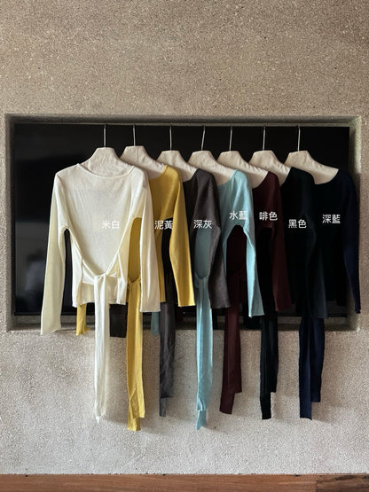 // 高級感可斜肩穿綁帶薄針織上衣