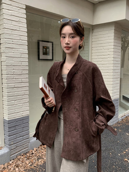 // 小立領雙排扣麂皮絨外套
