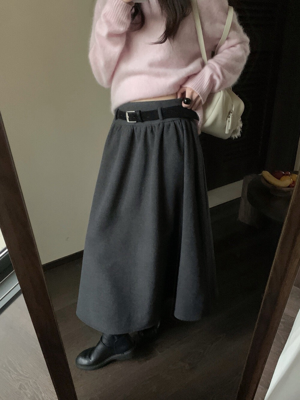 // 7%wool壓褶A字超遮肉半截裙(連腰帶)