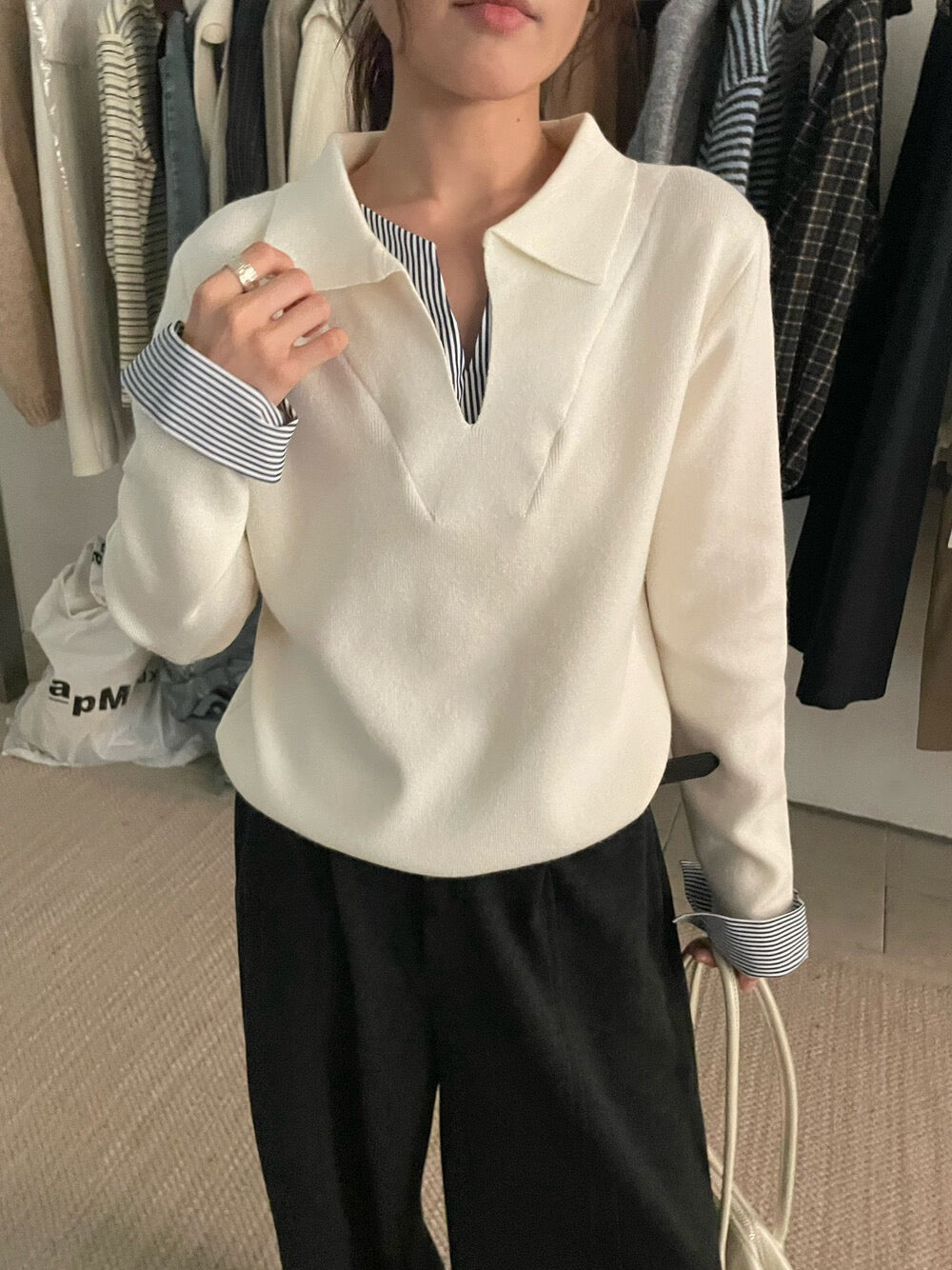 // 極簡風拼接間條恤衫假兩件翻領NT