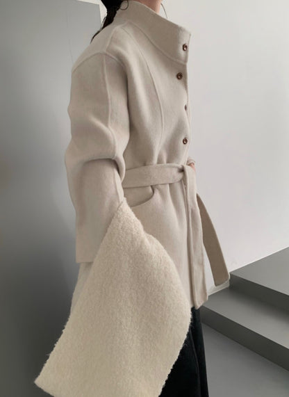 // 100%羊毛小立領排扣連腰帶雙面手工外套