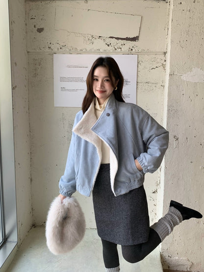 // 帥氣隨性領子皮毛一體麂皮絨外套