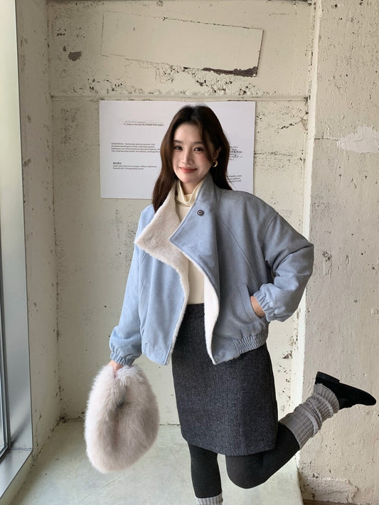 // 帥氣隨性領子皮毛一體麂皮絨外套