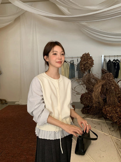 C28 / 假兩件拼接間條恤衫百褶腳針織外套