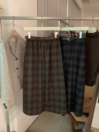 // 30%wool格紋壓褶毛呢中長裙(連腰帶)