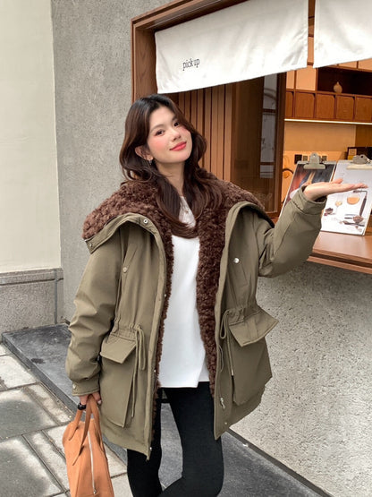 // 超帥大毛毛翻領可束腰口袋工裝外套