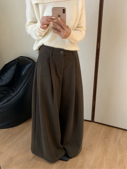 // 超遮肉壓褶闊腳毛呢褲