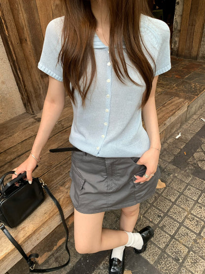 // lyocell麻插肩直紋翻領NT
