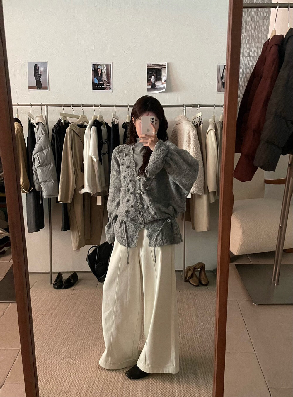 // 法式鈎花設計感抽繩V領立體裝飾CD