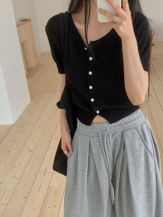 // 圓領鈕扣開胸短袖CD