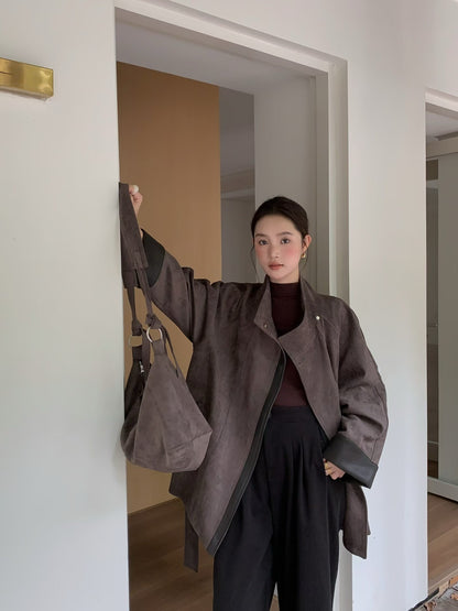 // 帥氣麂皮絨可立領拼皮外套