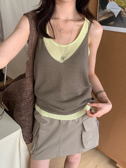 // 真兩件可拆開背心+吊帶撞色套裝