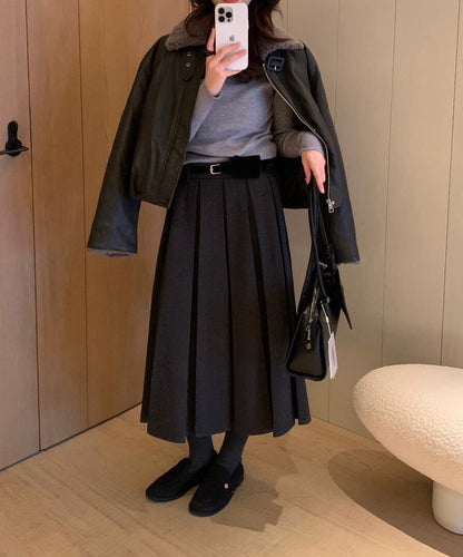 // 秋冬必備粗百褶毛呢中裙(連腰帶)