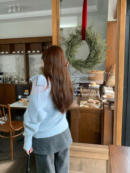 // 斜肩lace綁帶毛衣