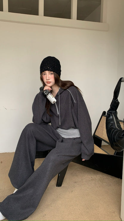 // 假兩件連帽拉鍊上衣+全長褲兩件套