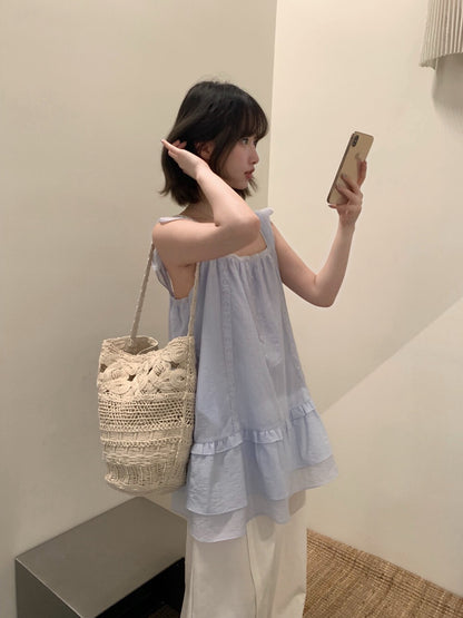// 超美拼接lace鈕扣荷葉邊肩帶背心