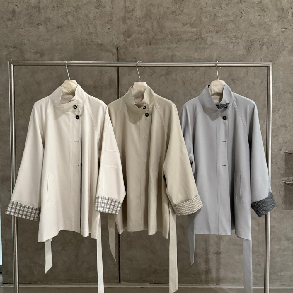 🐰 內拼格紋立領trench coat