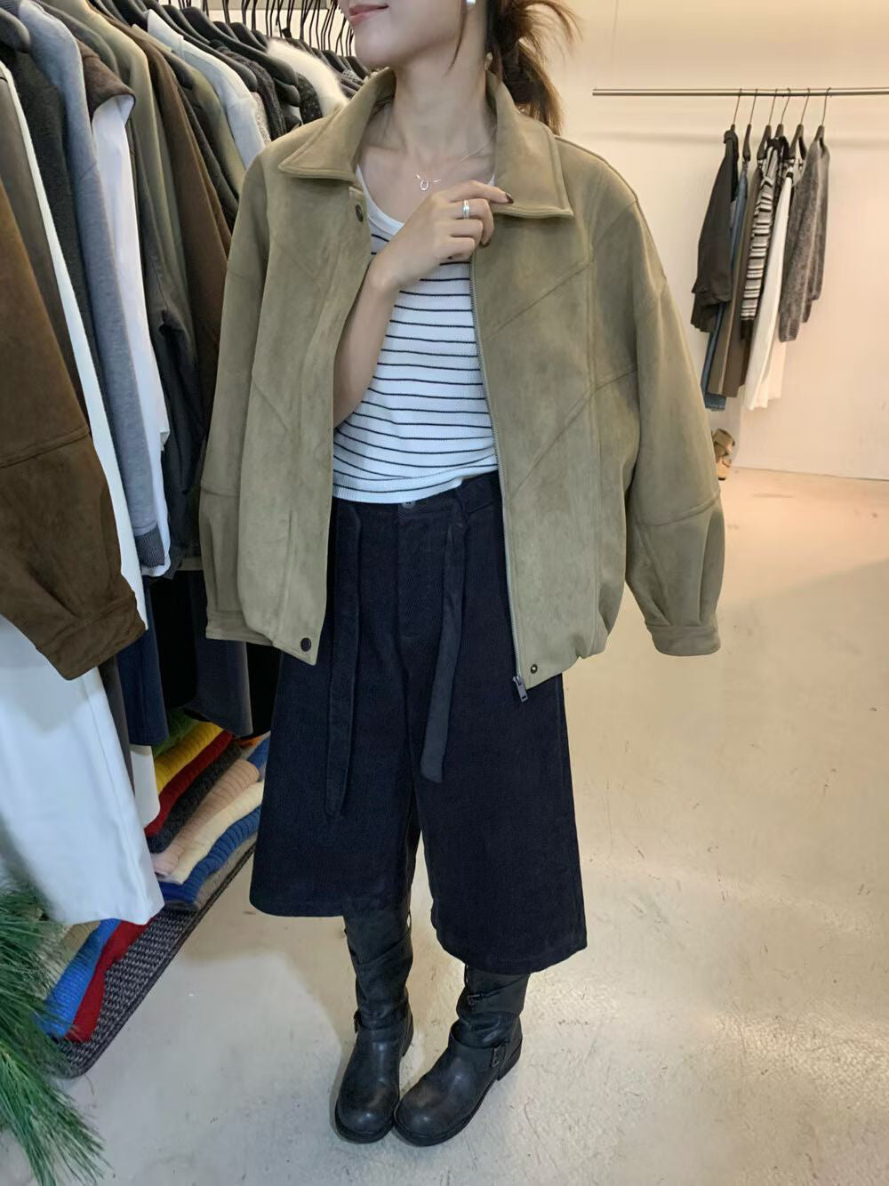 // 帥氣麂皮絨翻領外套