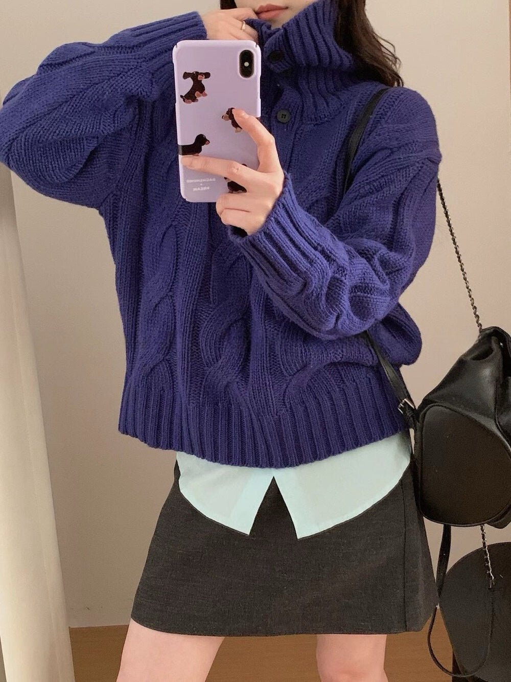 // 30%羊毛可立領鈕扣麻花毛衣