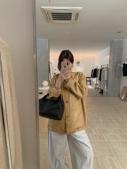 // 復古感美拉德翻領中長彷皮外套