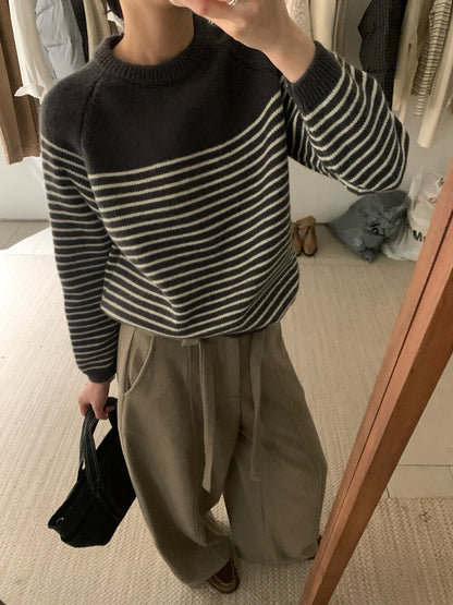 // 簡約圓領間條圓領毛衣