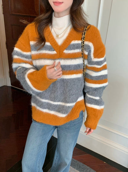 // 復古配色落日橘間條V領毛衣