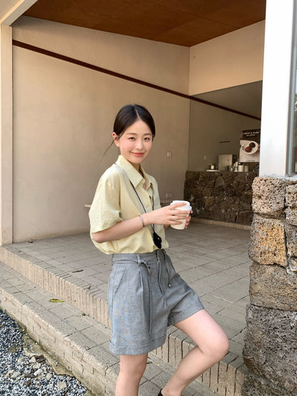 // 棉麻反褶腳連腰繩短裙