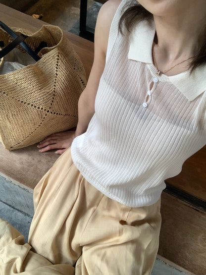 // 精緻感小鈕扣翻領針織背心