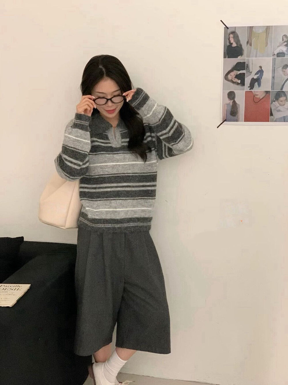 // 30%綿羊毛翻領拼色間條毛衣