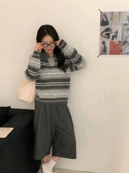 // 30%綿羊毛翻領拼色間條毛衣