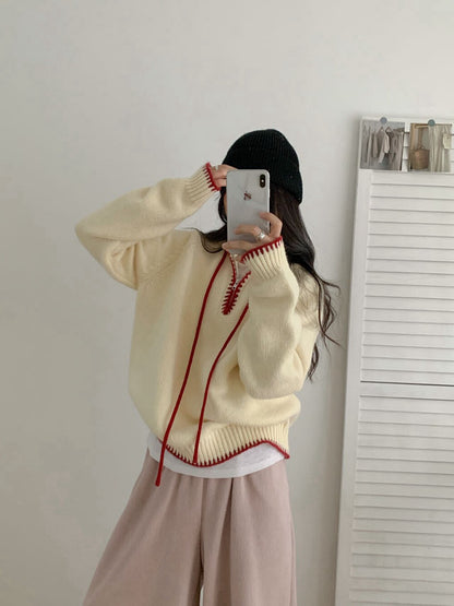 // 撞色半拉鍊連帽軟糯毛衣