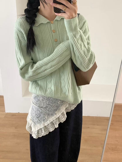 // 美美麻花織紋鈕扣翻領NT