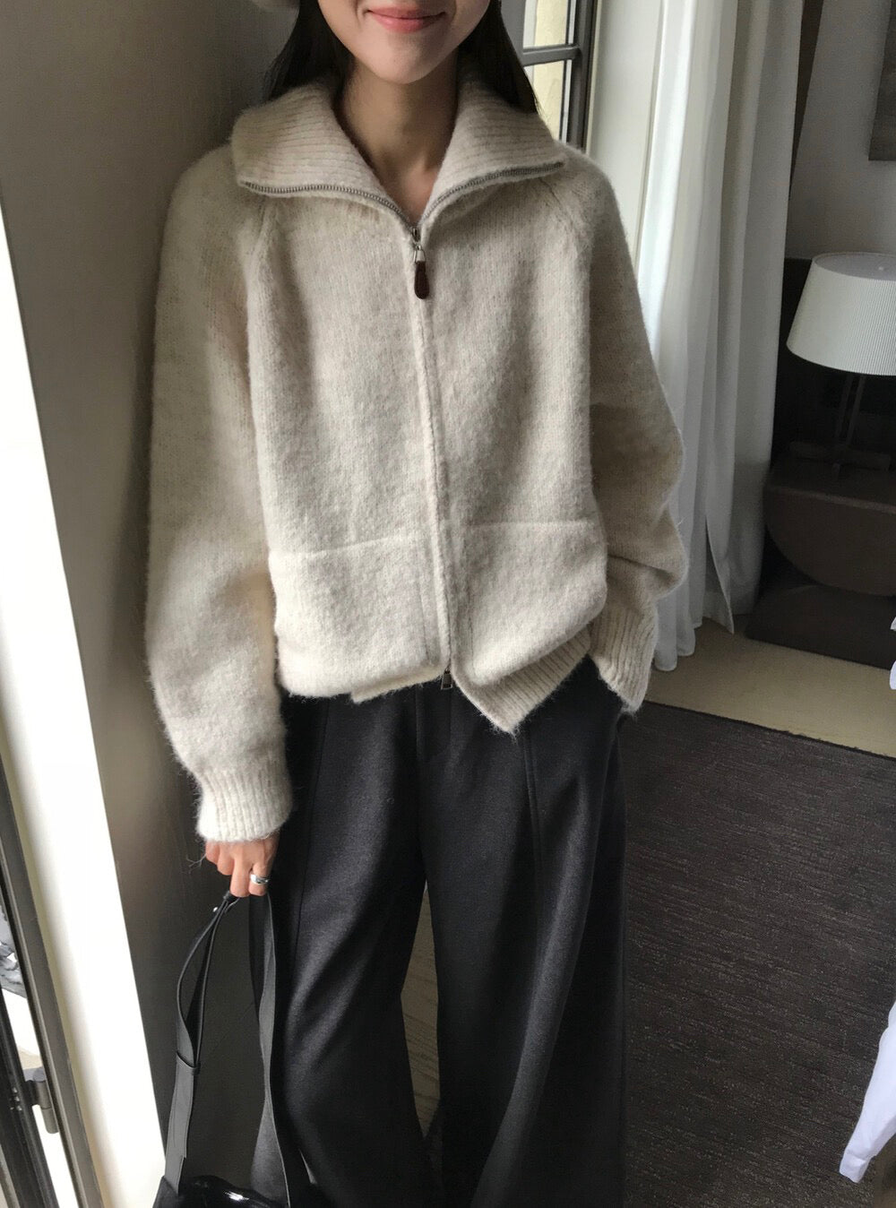 // 慵懶高級感上下拉鍊可立領口袋CD